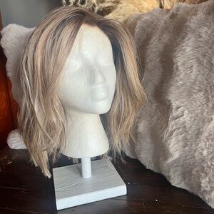 Monofilament Tan Medium Length Wavy Wig with Natural Highlights